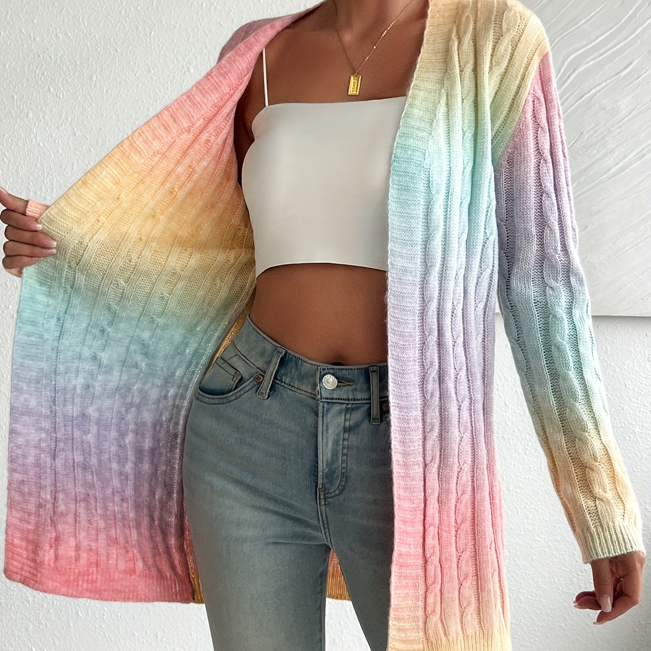 

Gilet ouvert à gradient de couleurs, cardigan décontracté à manches longues en torsadé pour et l'hiver, vêtements pour femmes