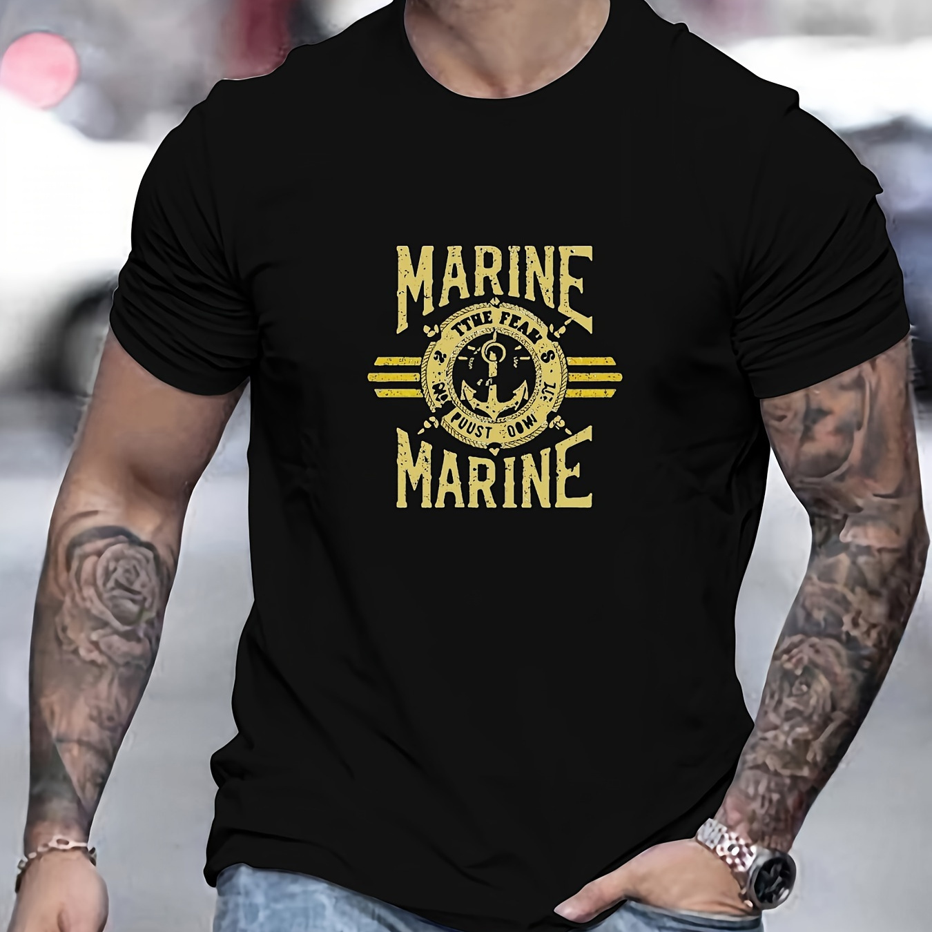 

easy Care" Men's Summer Casual Crew Neck T-shirt With Marine Graphic - Soft Cotton, Stretch Fabric, Non-transparent - Perfect For Daily Wear & Vacations
