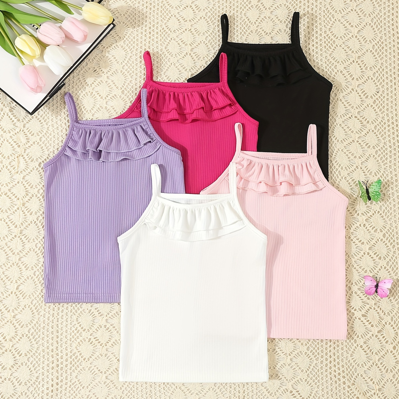 

5 Pcs Girls' Solid Color Camisole With Edges, Versatile Basic Style For Girls Daily Wear