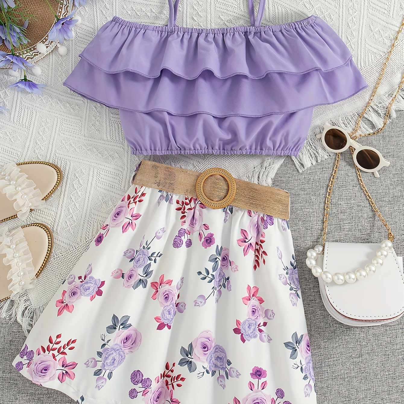 

Girl's Classy Outfit Ruffle Off-shoulder Cami Top + Floral Short Skirt Holiday Casual Set With Belt, Summer 2pcs Girls Clothes