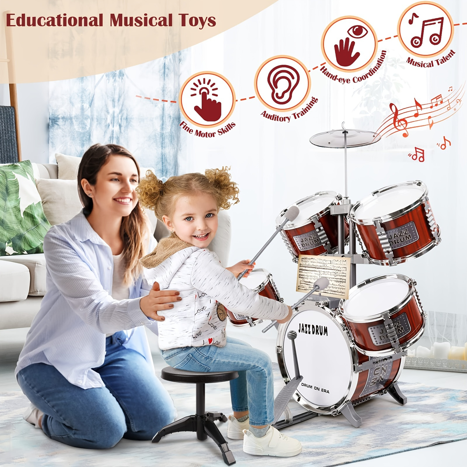 Toddler Drum Set Musical Instruments Kids Drum Set With Stool Cymbal