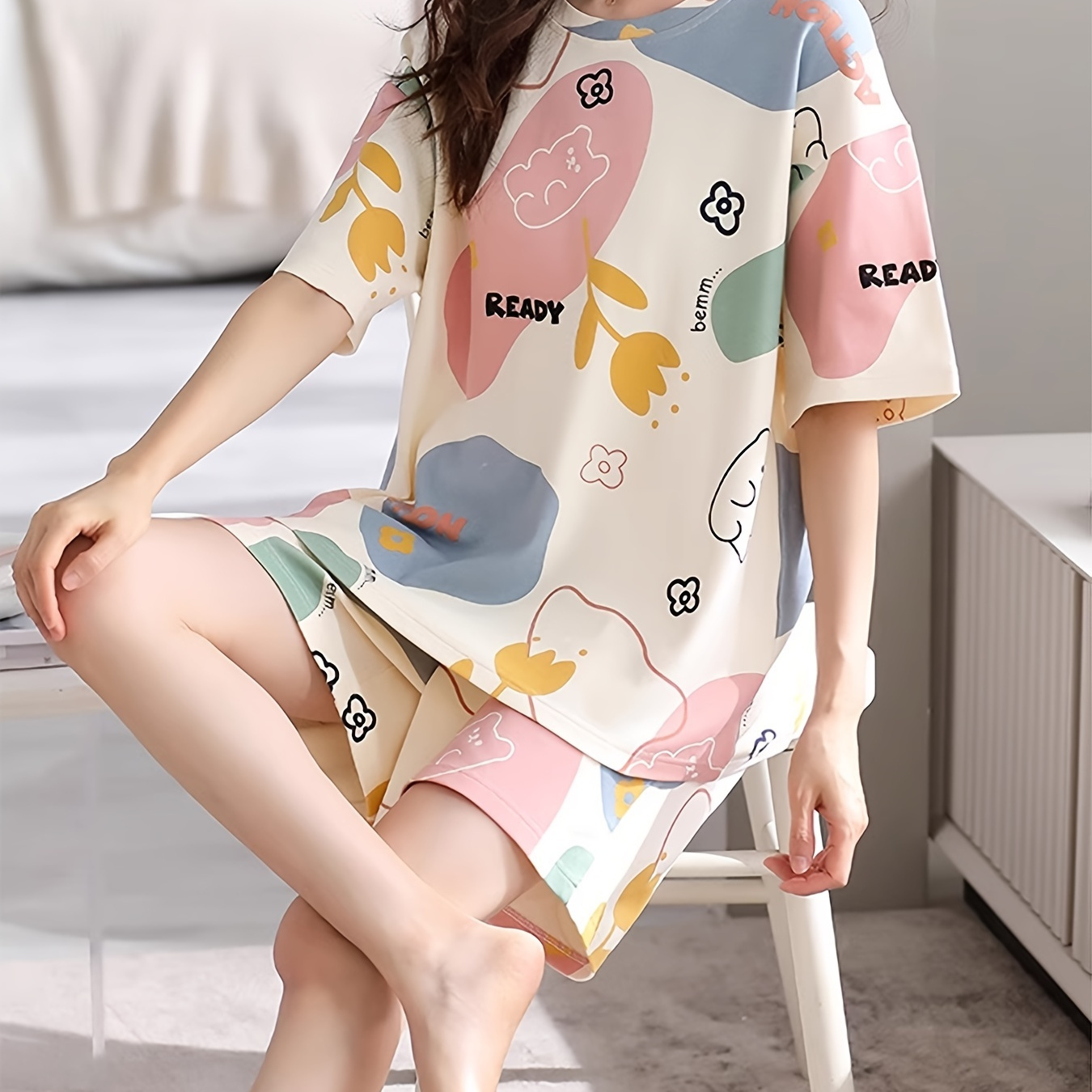

Women's Floral & Color Block Print Casual Loose Fit Pajama Set, Drop Shoulder Short Sleeve Round Neck Top & Shorts, Comfortable Relaxed Fit, Summer Nightwear