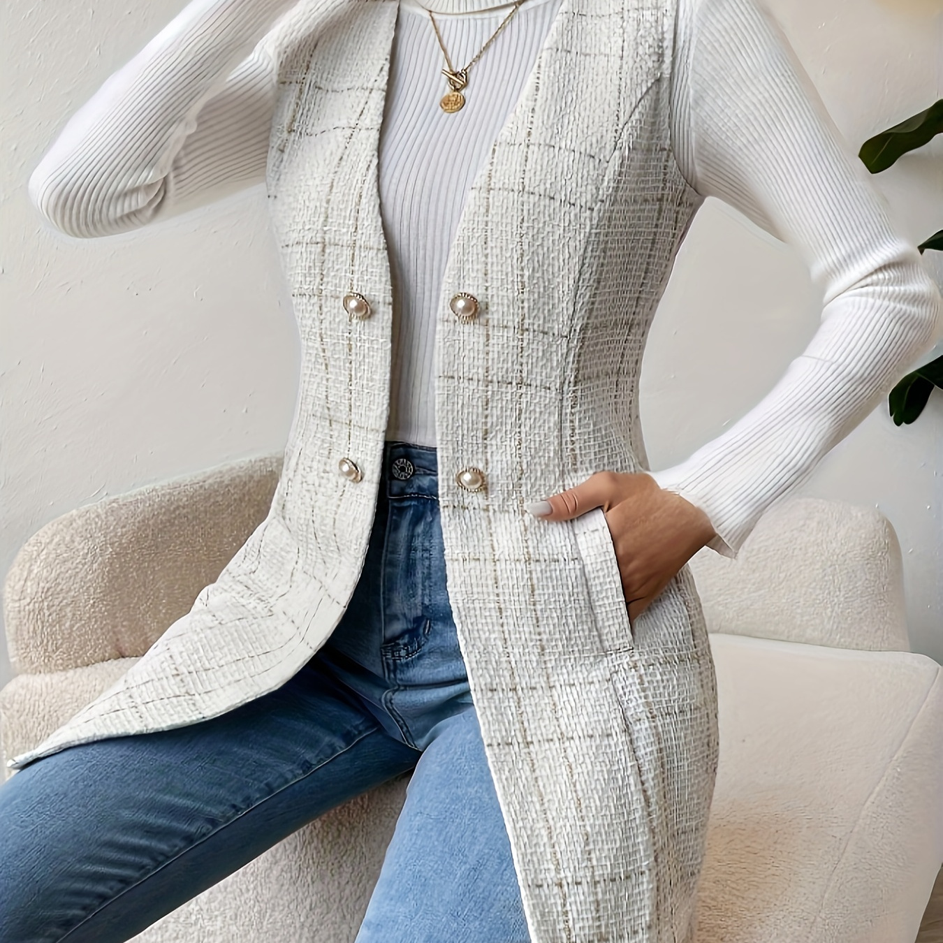 

Plaid Pattern Button Front Vest, Elegant Sleeveless Dual Pockets Vest For Spring & Fall, Women's Clothing