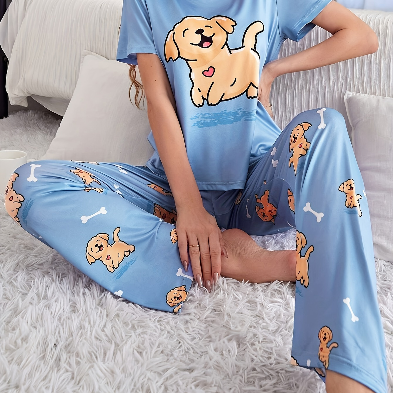 

Women's Cute Puppy Print Pajama Set, Short Sleeve Round Neck Top & Pants, Comfortable Relaxed Fit