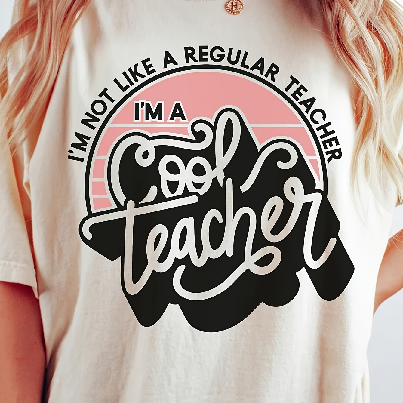 

Cool Teacher Print T-shirt, Casual Short Sleeve Crew Neck Top For Spring & Summer, Women's Clothing