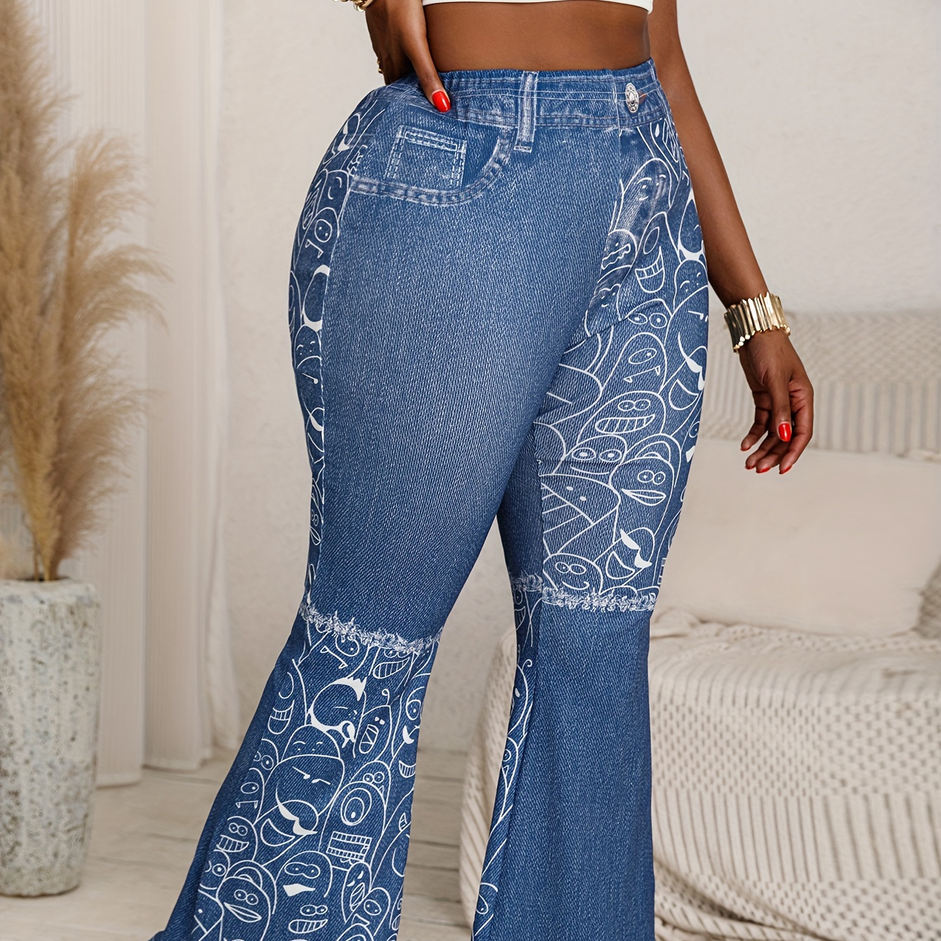 

Plus Size Faux Denim Cartoon Print Pants, Casual Flared Leg Pants For Spring & Summer, Women's Plus Size Clothing