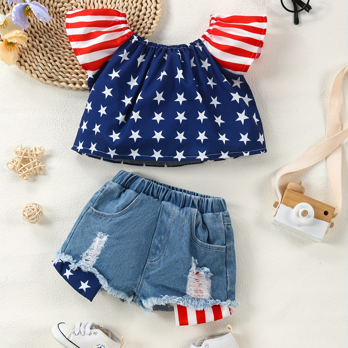 

2pcs Infant & Toddler's Stylish Independence Day Style Outfit, Star Stripe Pattern Cap Sleeve Top & Ripped Denim Shorts, Baby Girl's Clothes