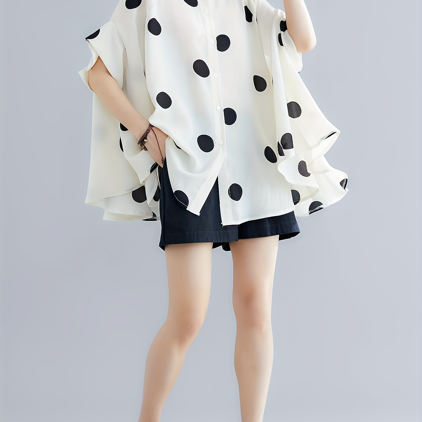 

Polka Dot Button Front Shirt, Chic Batwing Sleeve Shirt For Spring & Summer, Women's Clothing