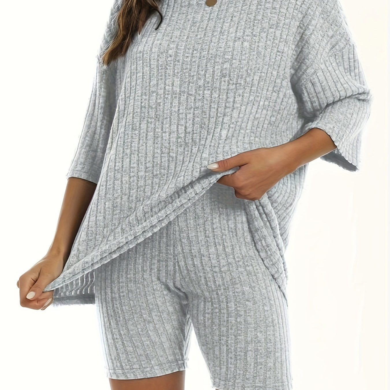 

Ribbed Casual Two-piece Set, Crew Neck Half Sleeve Top & Slim Shorts Outfits, Women's Clothing