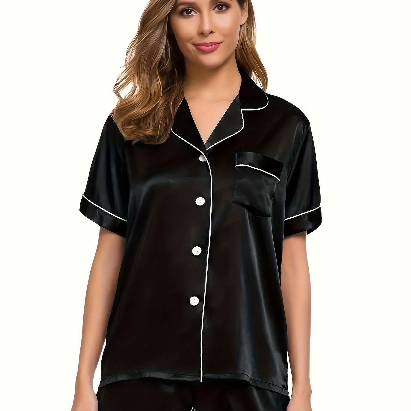 

Elegant Pajamas Set, Women's Plus Contrast Binding Short Sleeve Button Up Silk Satin Shirt & Pants Home Wear 2 Piece Set