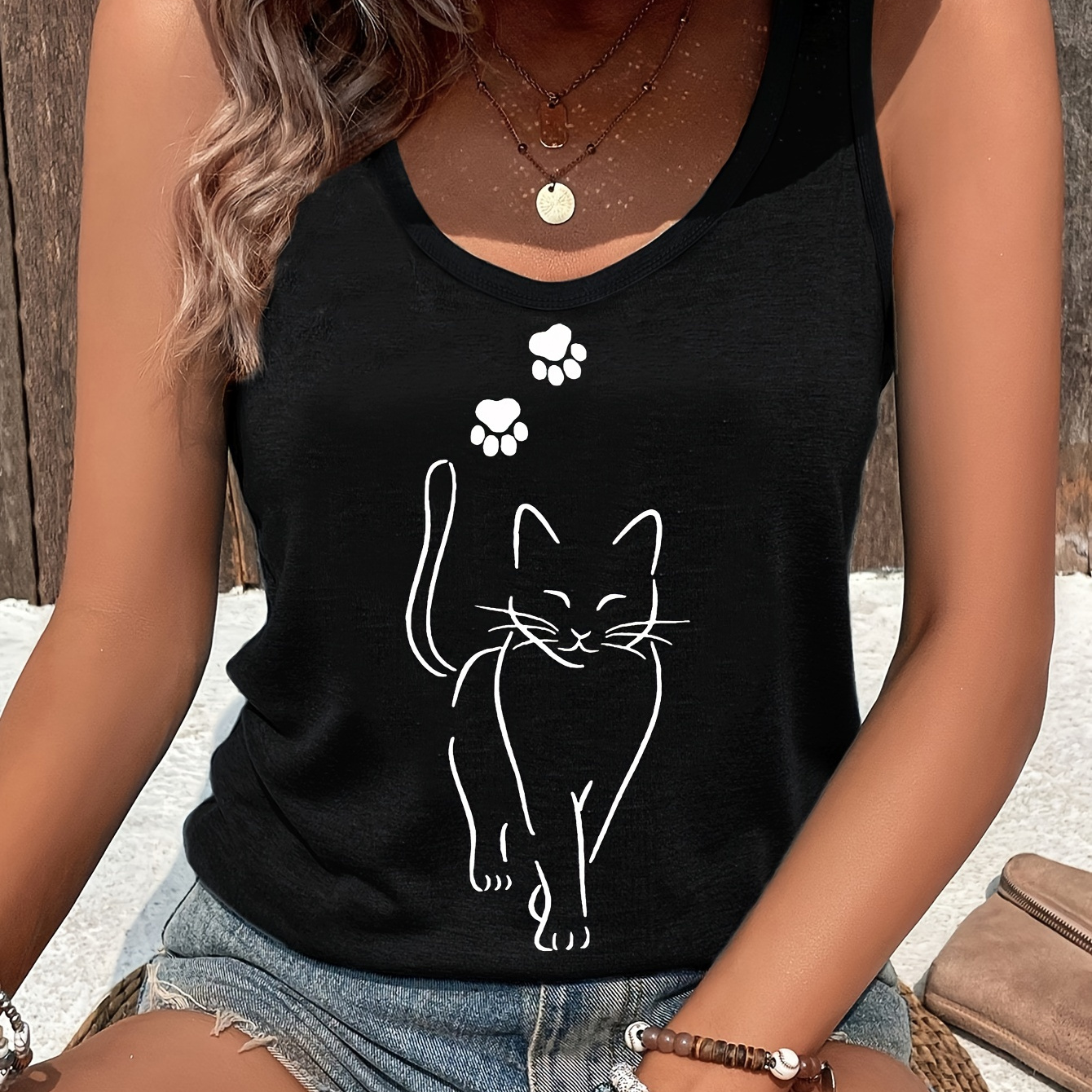 

Women's Casual Crew Neck Tank Top With Cat Applique, Polyester & Spandex , Knit Fabric, Lightweight Summer & Spring Fashion, Animal Pattern Sleeveless Shirt