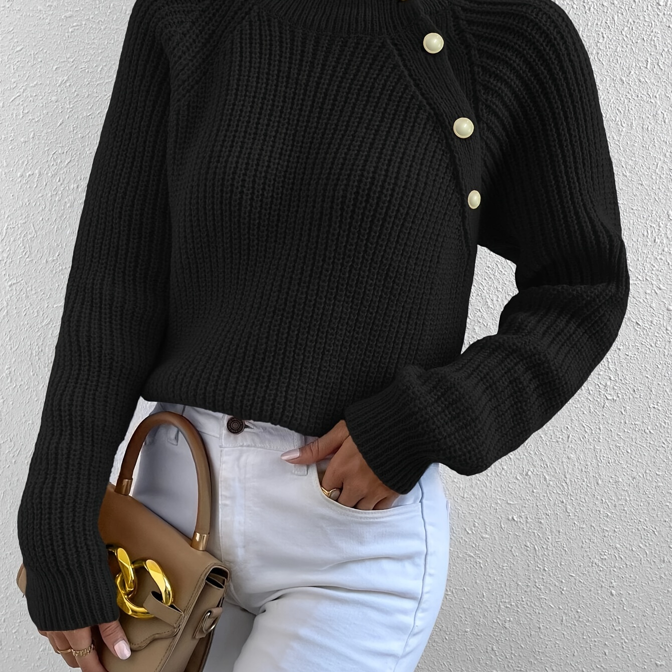 

Button Decor Turtleneck Sweater, Versatile Long Sleeve Sweater For Fall & Winter, Women's Clothing