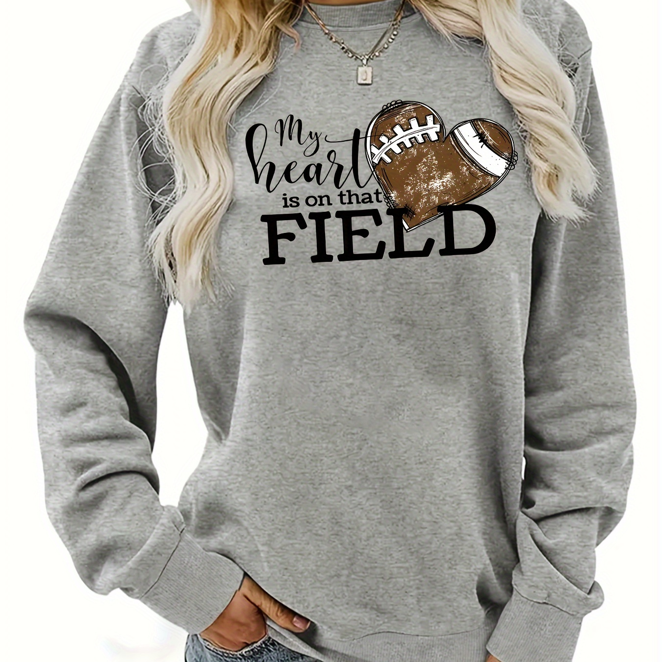 

Football Heart & Letter Print Sweatshirt, Casual Crew Neck Long Sleeve Sweatshirt, Women's Clothing