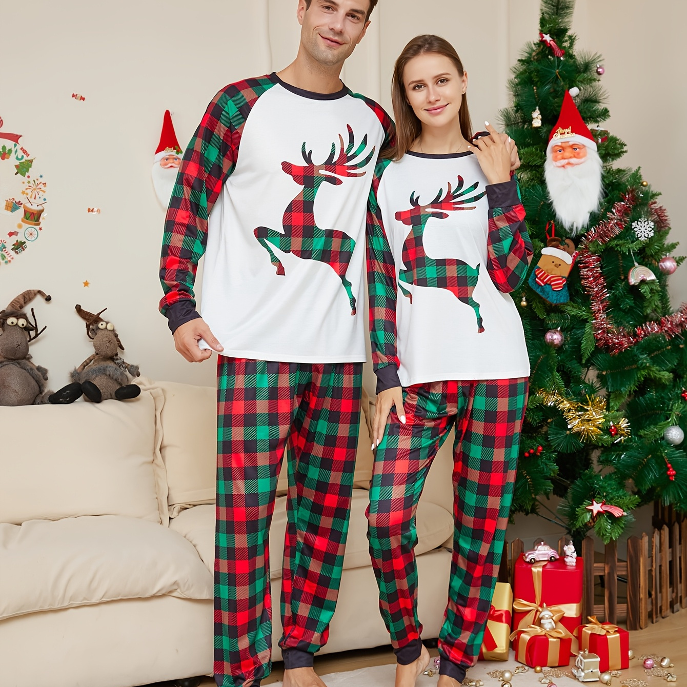 

De Pyjamas De Noël Décontractés Tendance Pour Hommes, Haut À Manches Longues Imprimé À Carreaux De Et Pantalon À Col Rond Pour Se Détendre