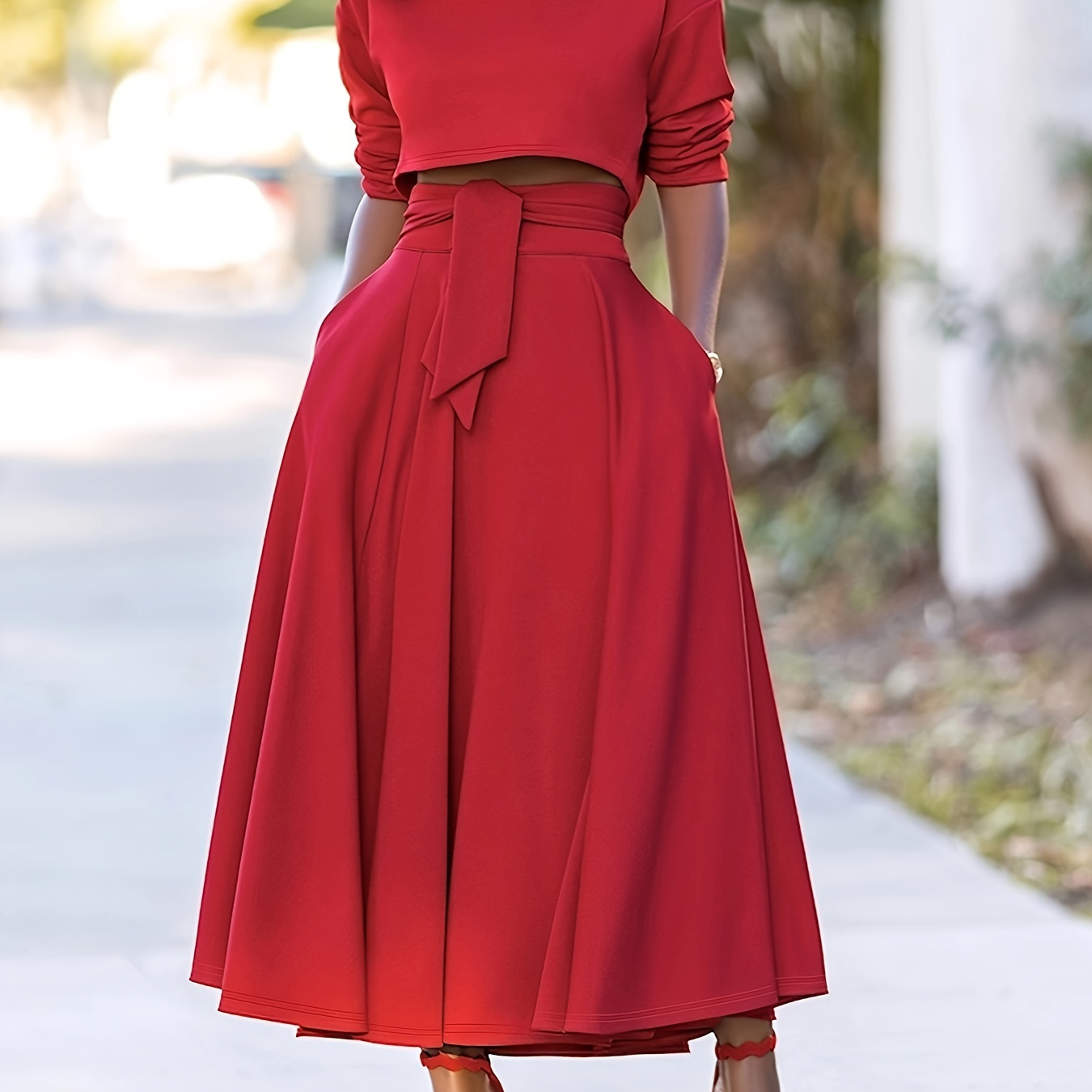 

Solid Color Pocket Elegant Skirt Set, Crop Long Sleeve T-shirt & Belted Pleated Flowy Skirt, Women's Clothing