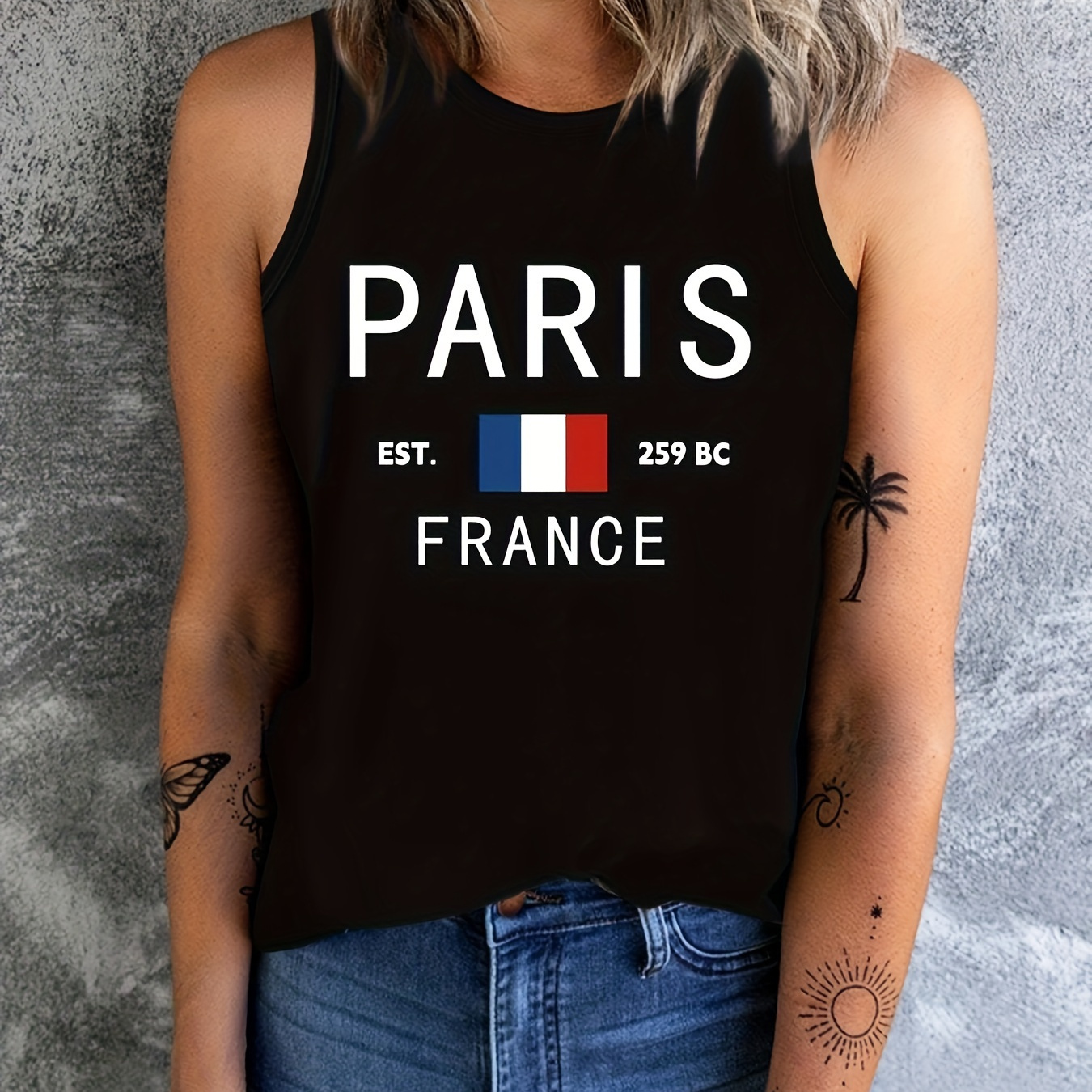 

Paris Letter Print Crew Neck Tank Top, Casual Sleeveless Top For Summer, Women's Clothing