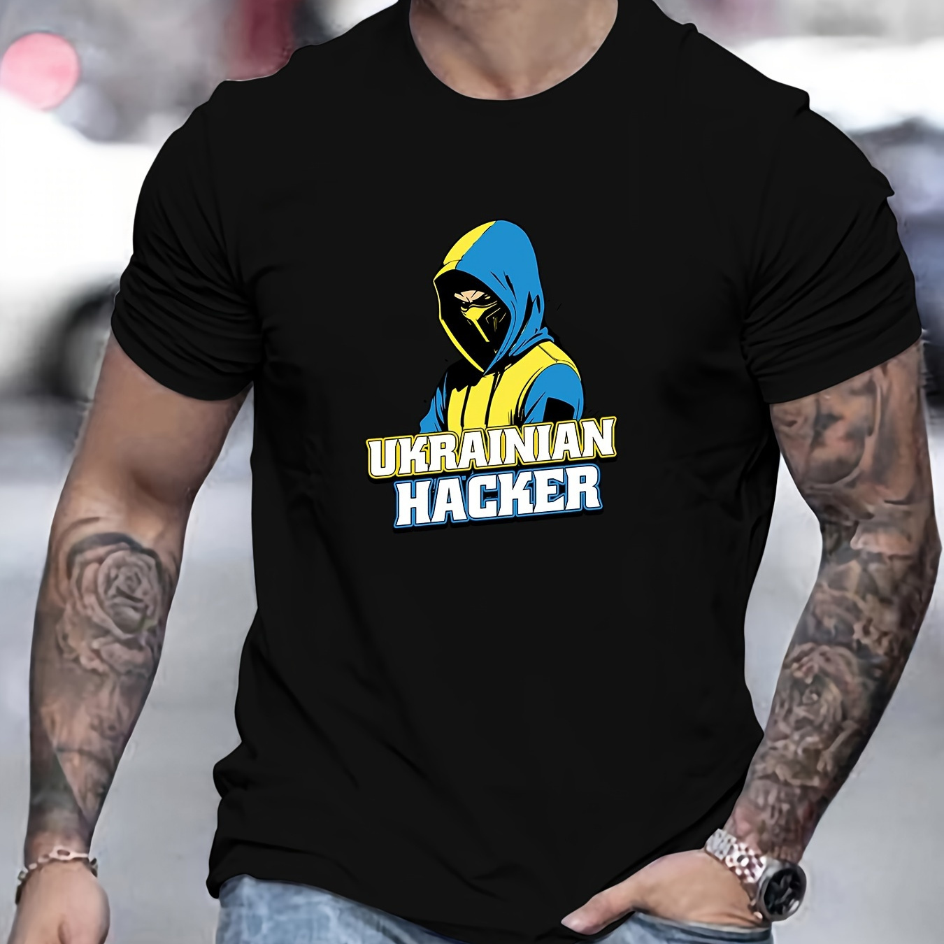 

Ukrainian Hacker Pattern Print Crew Neck Short Sleeve T-shirt For Men, Comfy Casual Summer T-shirt For Daily Wear Work Out And Vacation Resorts