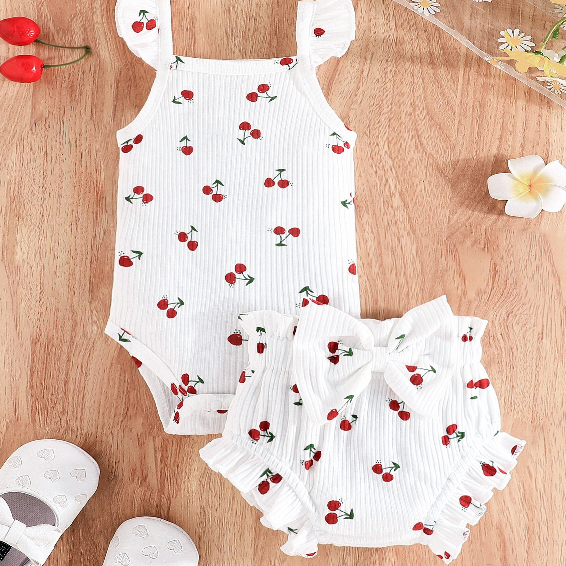 

2pcs Baby Girl's Cherry Pattern Ruffle Trim Peplus Onesies & Bowknot Shorts Set, Cute Comfy Baby Summer Clothing