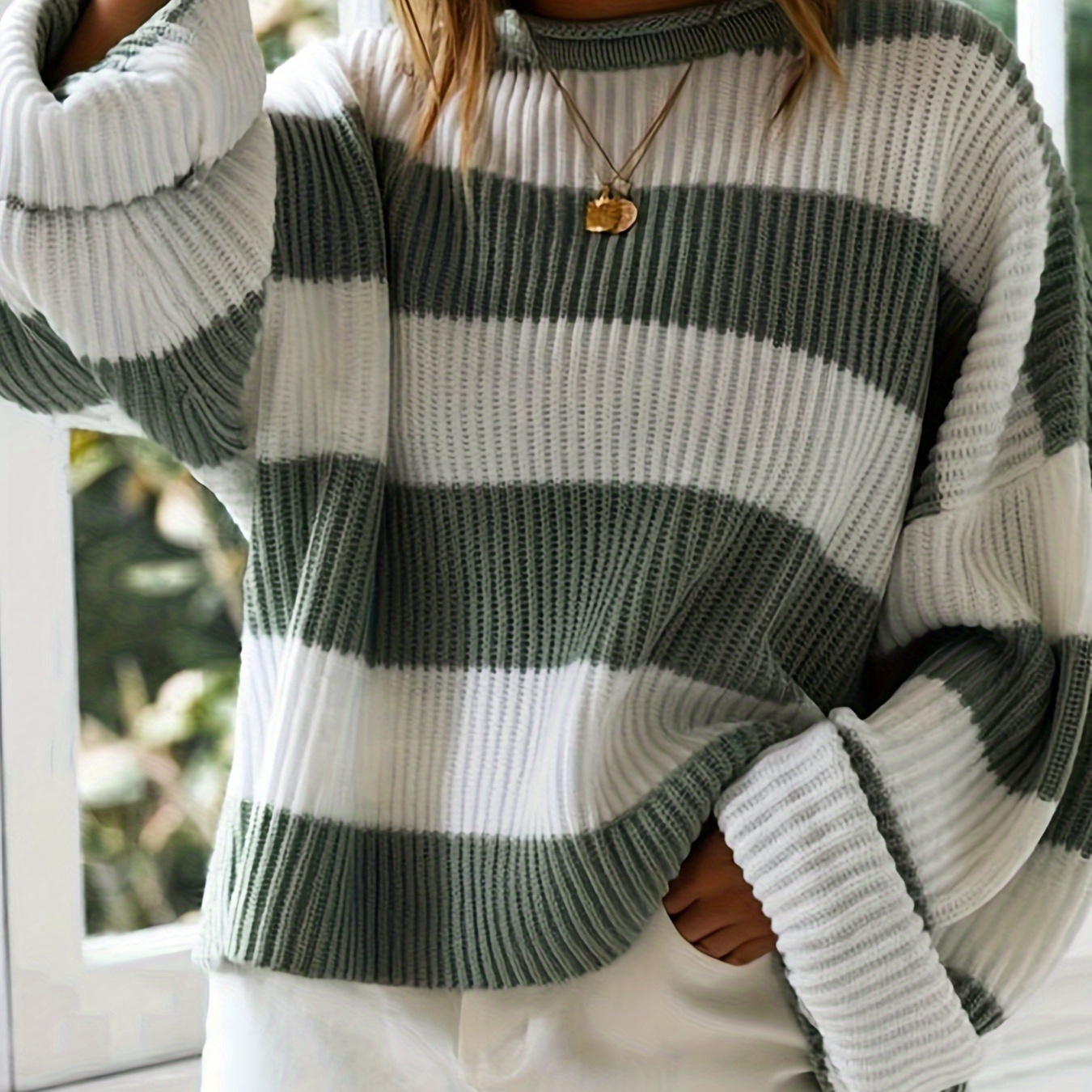 

Drop Shoulder Knitted Colorblock Sweater, Casual Long Sleeve Crew Neck Loose Sweater, Women's Clothing