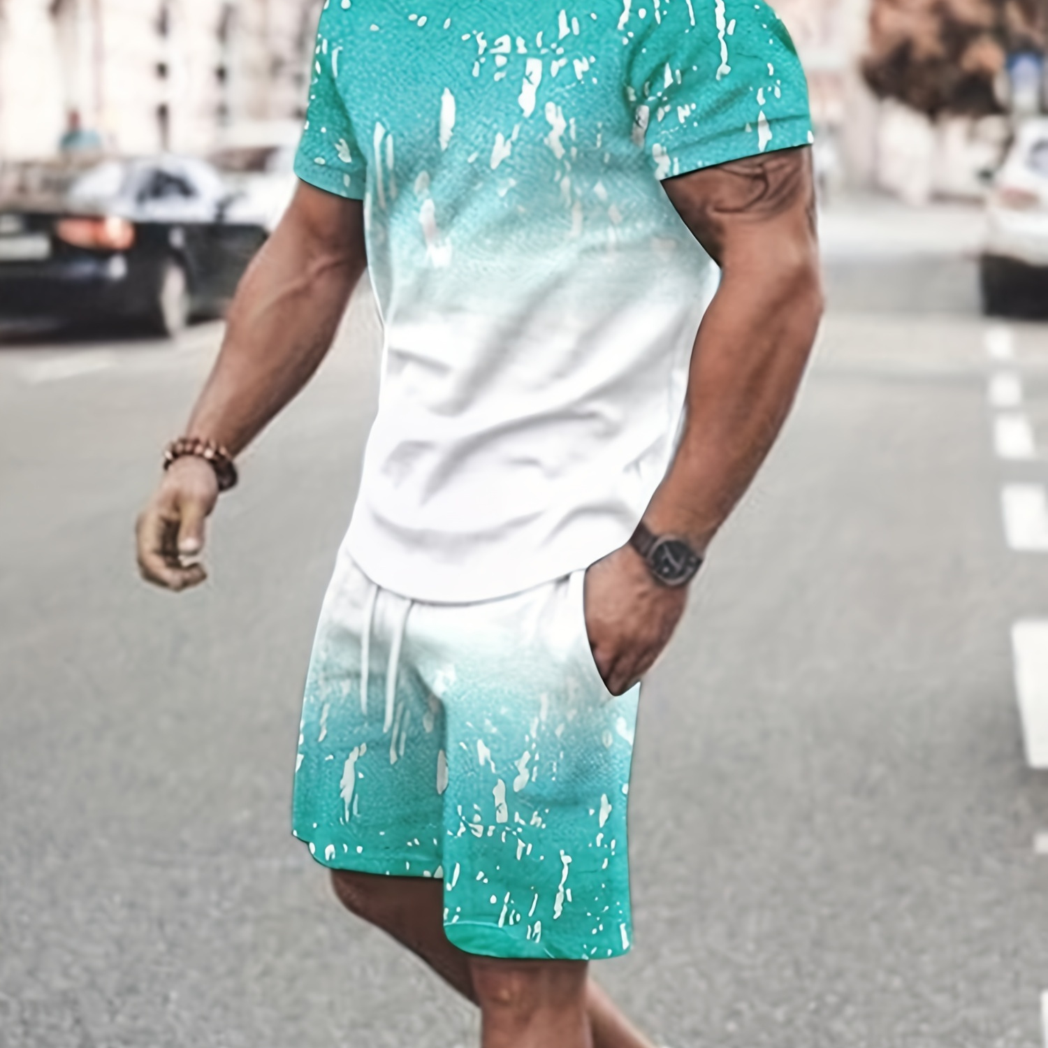 

2-piece Men's Chic Gradient Co Ord Set, Men's Casual Short Sleeve T-shirt & Drawstring Shorts With Pockets For Summer