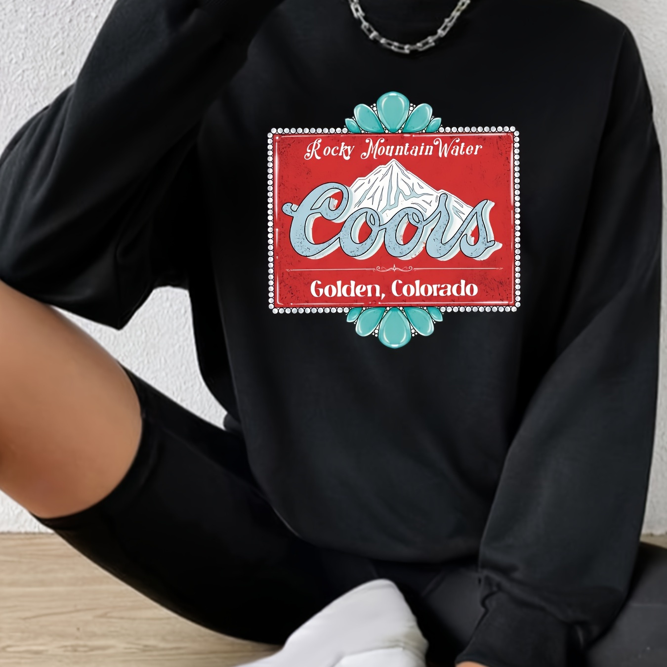 

Mountain & Letter Print Casual Pullover Tops, Round Neck Long Sleeves Stretchy Sports Sweatshirt, Women's Clothing