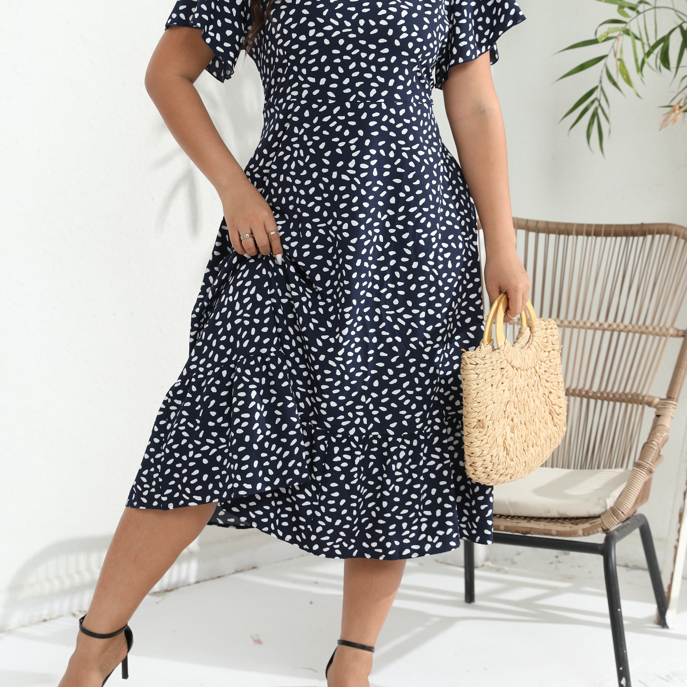 

Elegant Polka Dot Midi Dress With Ruffle Sleeves And V-neck - Stretchy Polyester, Machine Washable, Spring/summer Fashion, Cute Summer Dresses