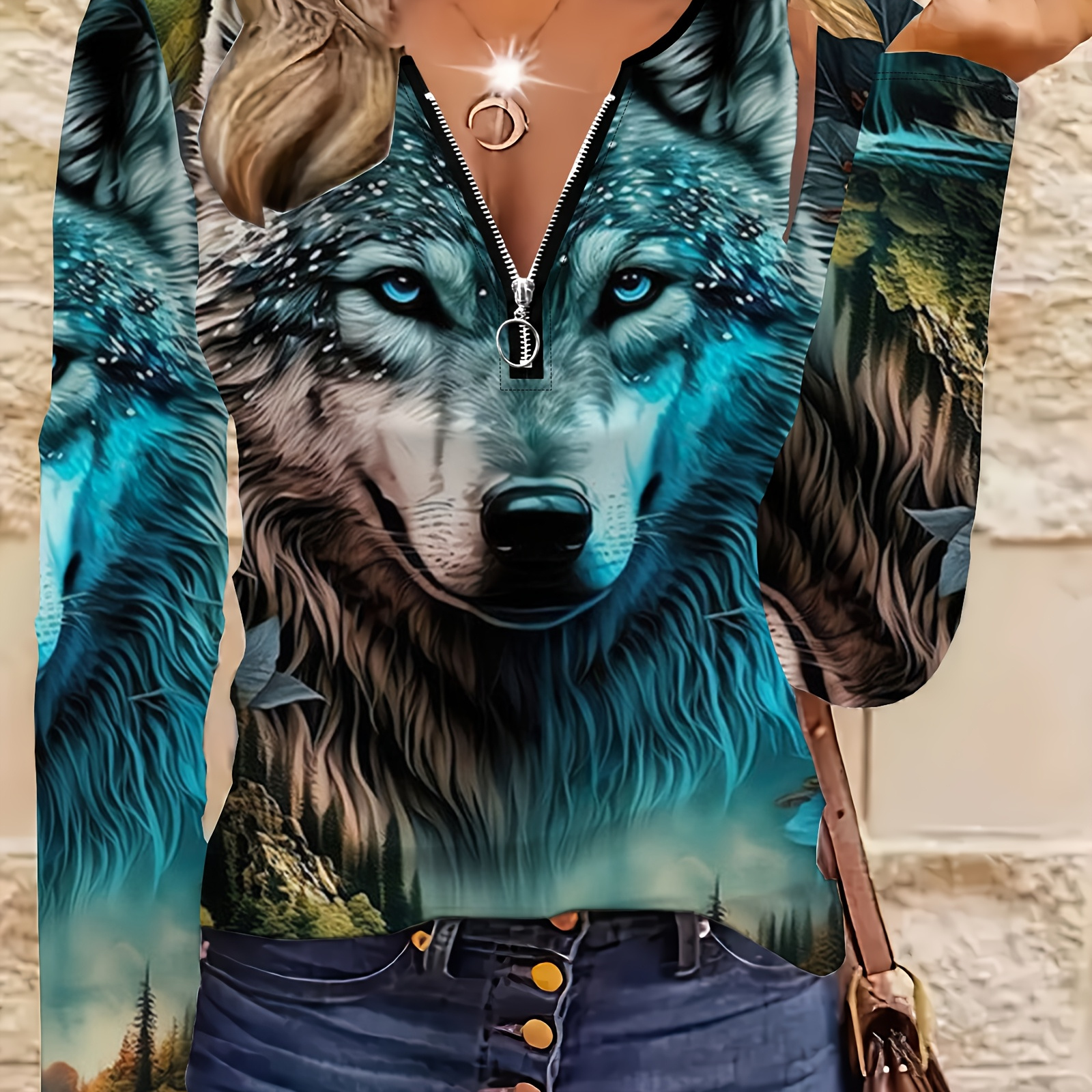 

Women's 3d Printed Wolf & T-shirt, Casual Crew Neck Zip-up Long Sleeve Top, Polyester 95% Spandex 5% Knit Fabric, Animal Pattern Spring/fall Outdoor Wear