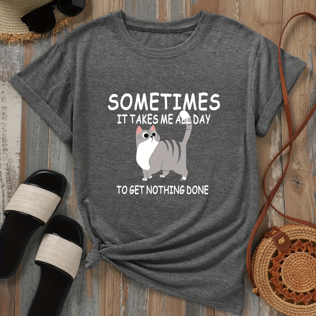 

Cartoon Cat & Letter Print T-shirt, Casual Short Sleeve Crew Neck Top For Spring & Summer, Women's Clothing