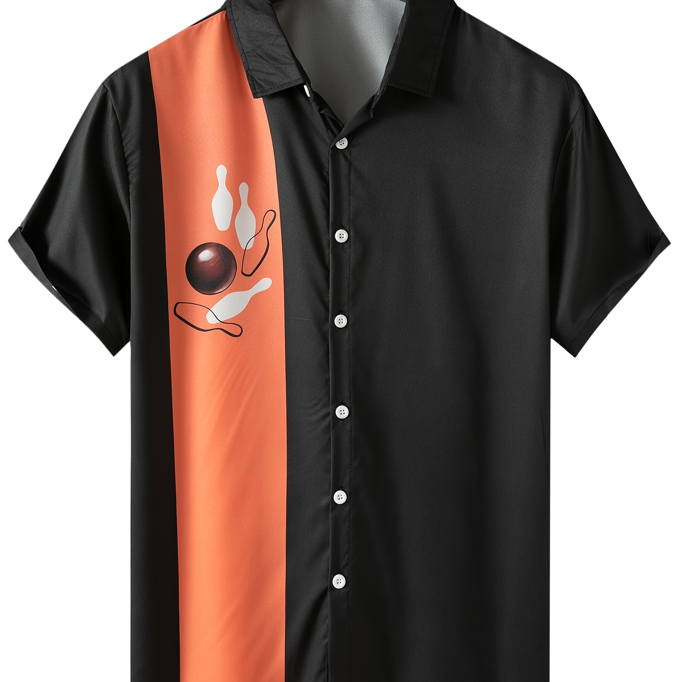 

Bowling Themed Print Men's Creative Short Sleeve Button Down Shirt, Summer Retro Streetwear