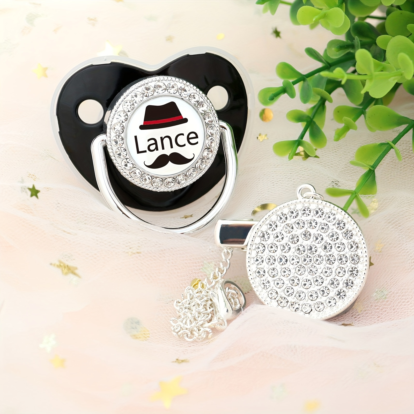 Personalized Pacifier Binky Gold silver Dummy With Chain Clip And Name