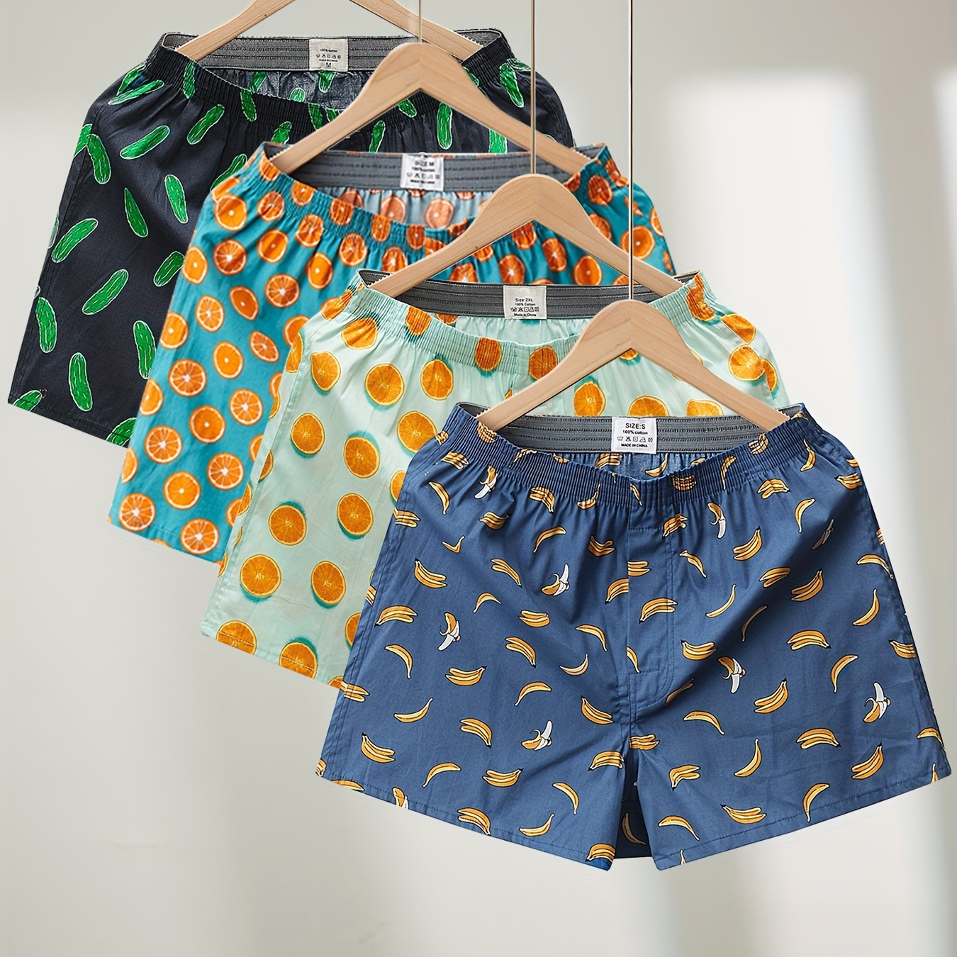 

4 Pcs Men's Trendy Fruit Print Cotton Boxer Shorts, Casual Comfy Shorts Arrow Pants Elastic Loose-fit Shorts