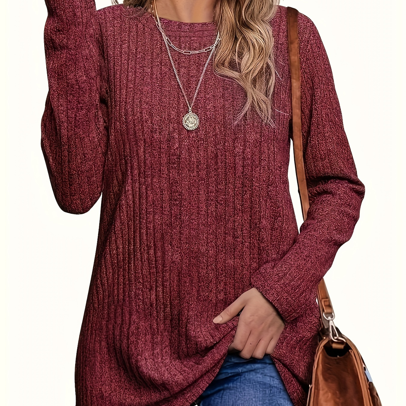 

Women's Elegant Ribbed Knit Long Sleeve Pullover - Round Neck, Soft Polyester Blend, Light Brown, Machine Washable, Fall/winter Layering, Classic Sweater For Ladies