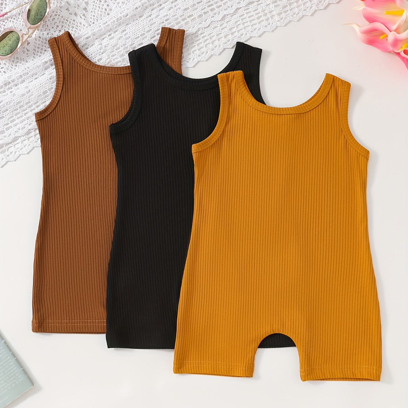 

3pcs Baby's Solid Color Ribbed Bodysuit, Casual Sleeveless Romper, Toddler & Infant Girl's Onesie For Summer, As Gift