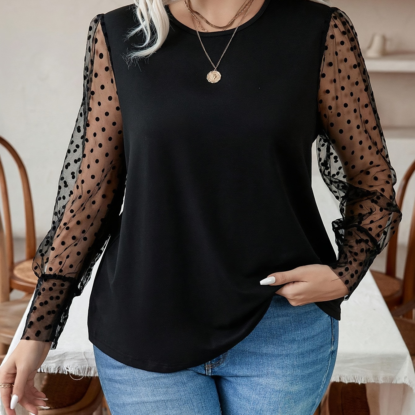 

T-shirt ras du cou en épissée grande taille, élégant haut à manches longues pour et , vêtements grande taille pour femmes