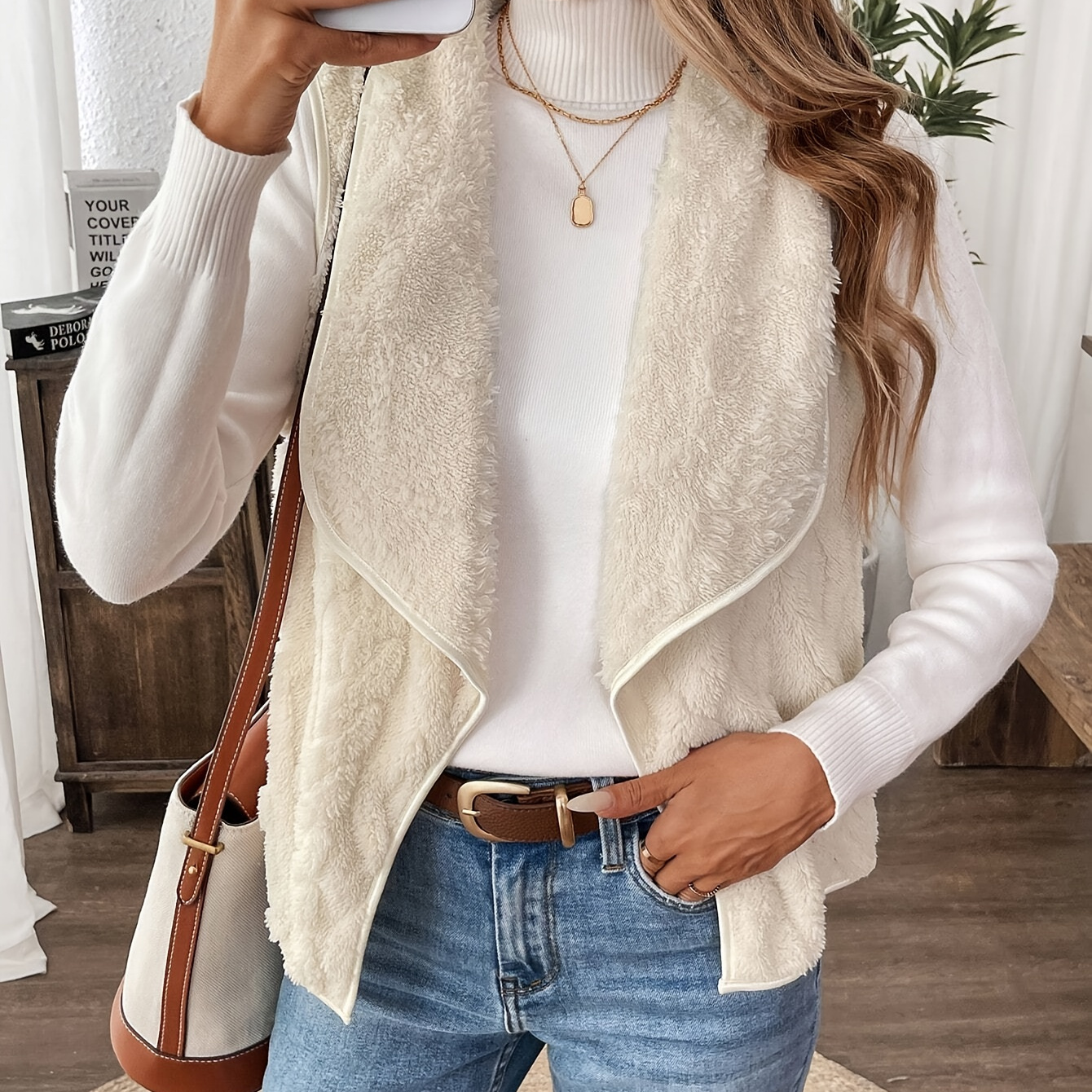 

Gilet en polyester casual pour femme avec col cheminée, texture solide 3D uni, cardigan manches en , chaud pour /hiver