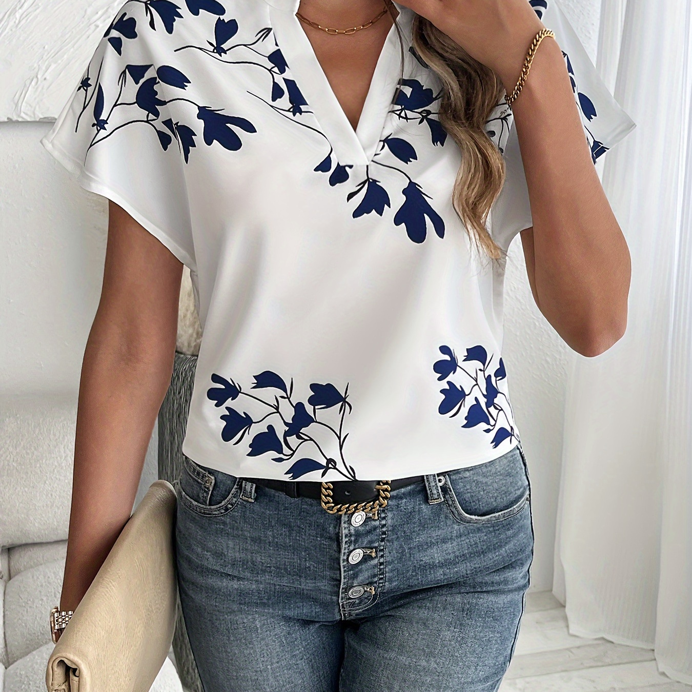 

Plant Print Notch Neck Blouse, Casual Short Sleeve Blouse For Spring & Summer, Women's Clothing