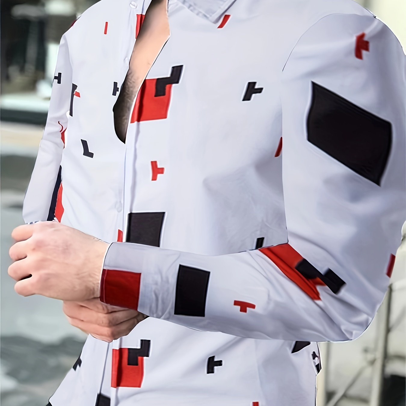 

Men's Casual Geometric Pattern Print Long Sleeve Button-down Shirt, Polyester With Slight Stretch, Square Neck, Regular Fit - Djingfc