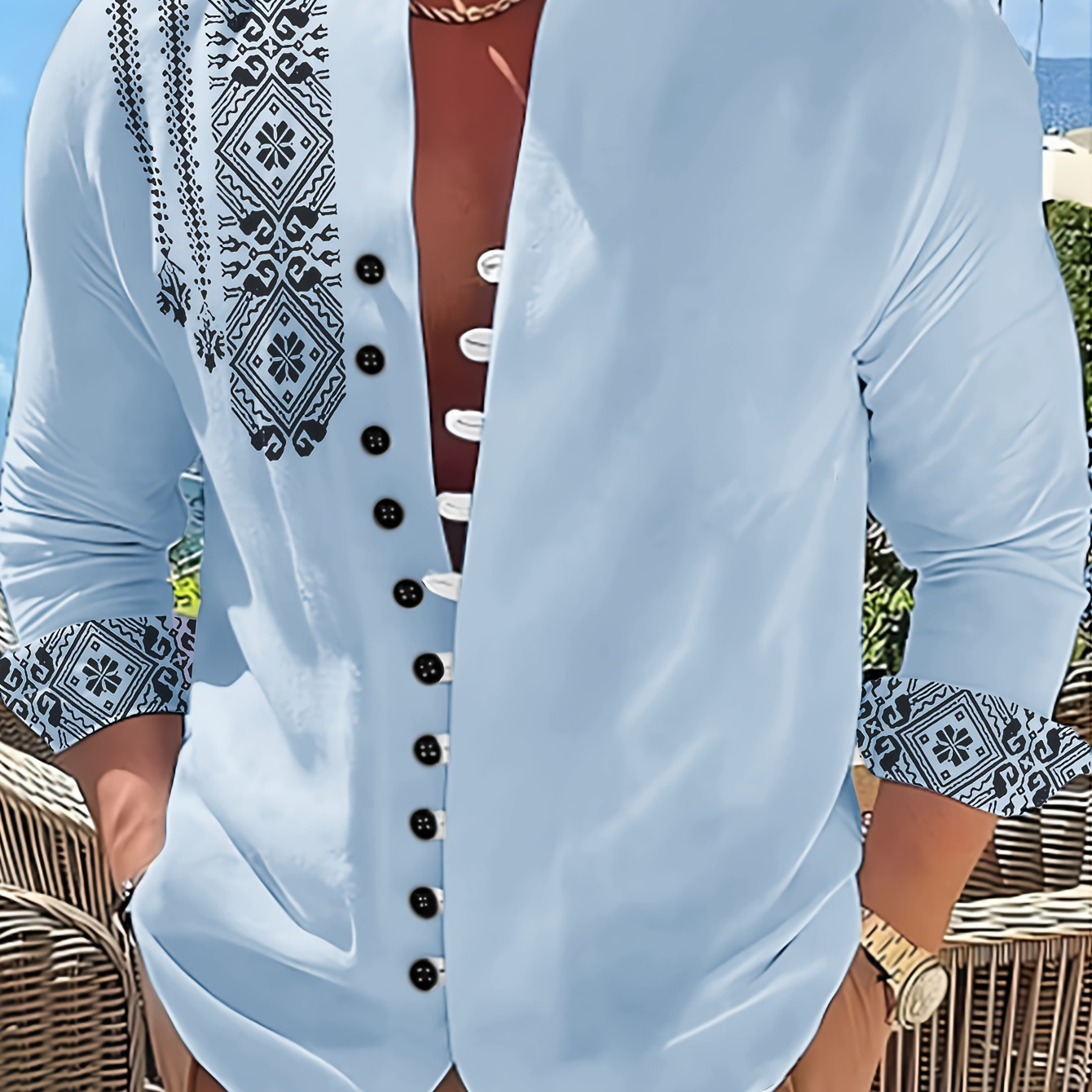 

Chemise à imprimé 3D tendance pour homme - Motif totem ethnique décontracté, chemise de fête à col mandarin bleu, tissu tissé en polyester, détails de boutons, coupe régulière pour toutes les