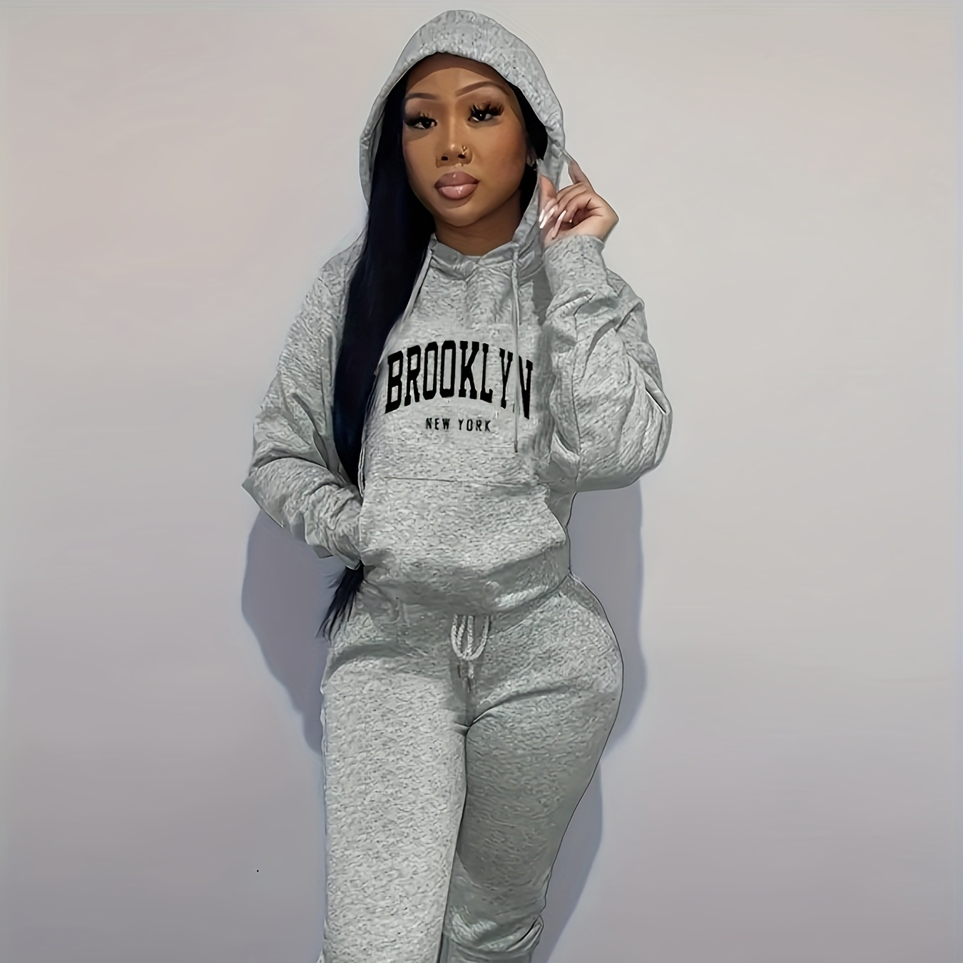 

Plus Size Letter Print Fleece Lined 2 Piece Set, Casual Drawstring Hooded Long Sleeve Kangaroo Pocket Sweatshirt & Jogger Pants, Women's Plus Size Clothing