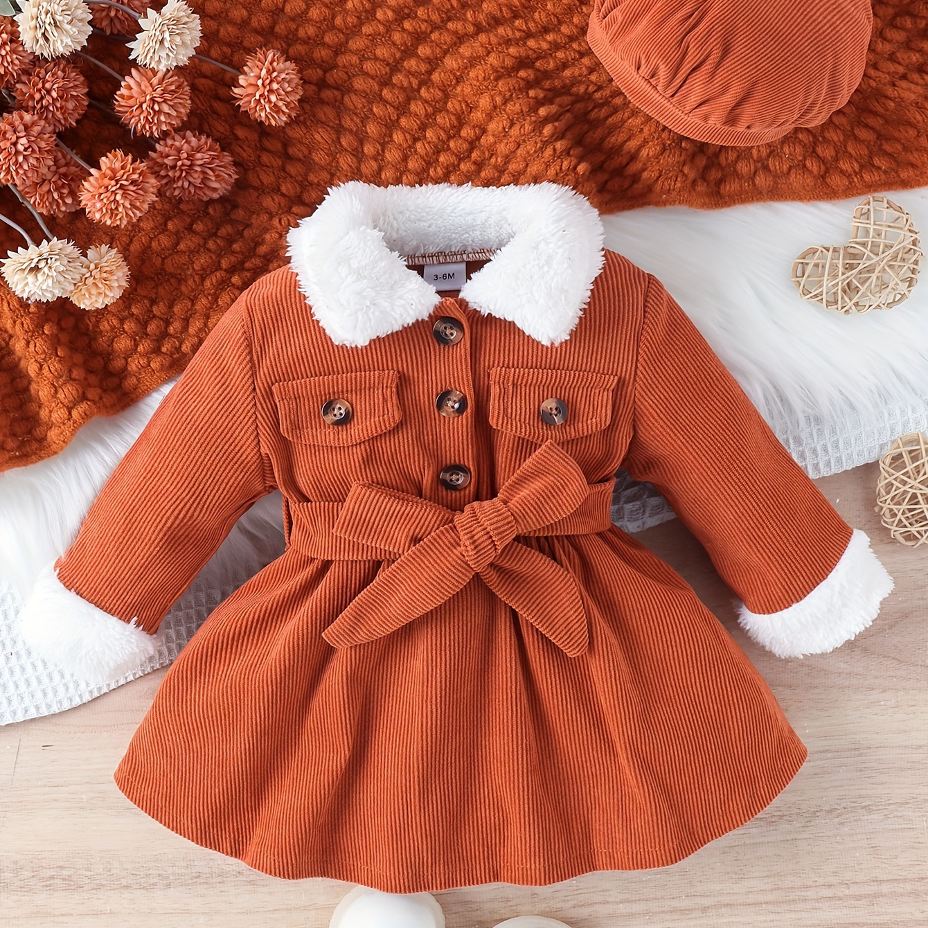

Infant Girl Clothes, Fur Collar Solid Color Long-sleeved Fashion Dress + Hat & Belt 3-piece Set