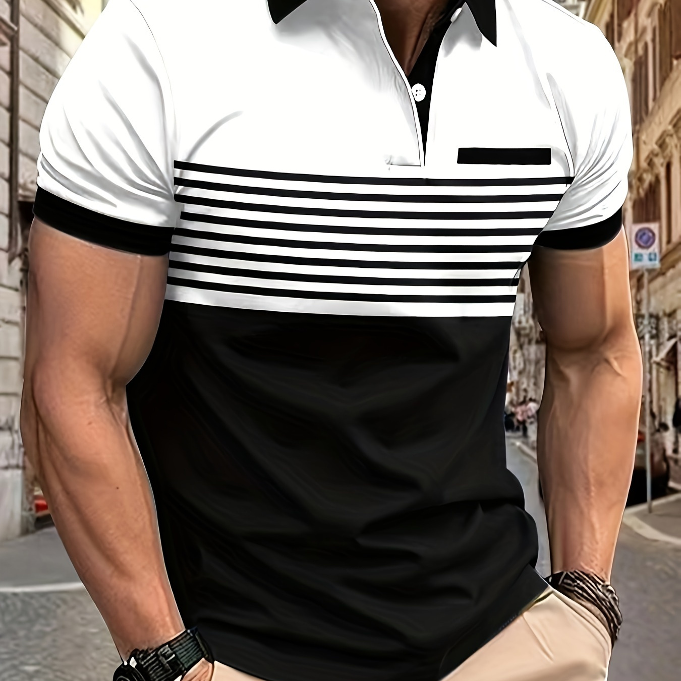 

Men's Contrast Color And Stripe Pattern Short Sleeve And Lapel Collar Henley Shirt, Casual And Trendy Tops For Summer Golf And Daily Wear