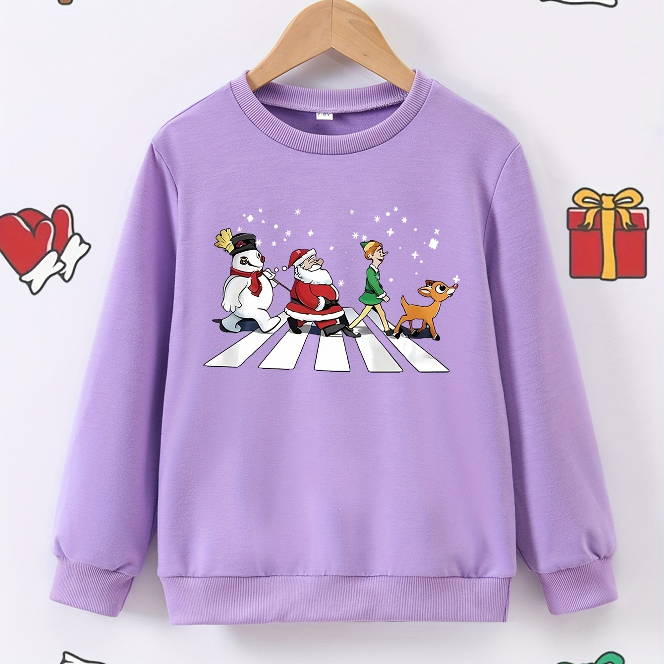 

Girls' Festive Christmas Santa Print Sweatshirt - Cozy Long Sleeve Crew Neck Pullover For Spring/fall, Polyester Blend