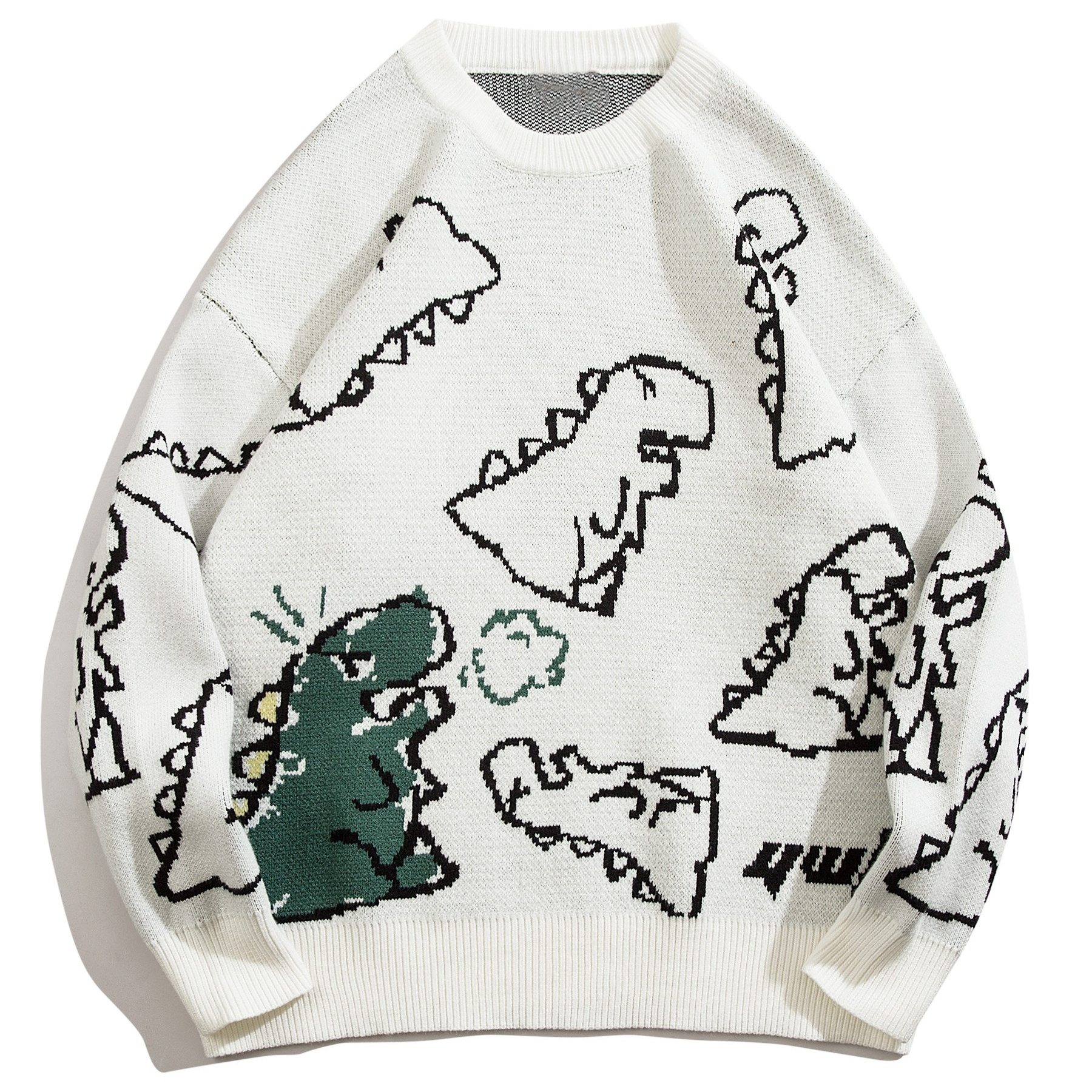 

Cartoon Dinosaur Pattern Knitted Sweater, Men's Casual Warm Slightly Stretch Crew Neck Pullover Sweater For Men Fall Winter