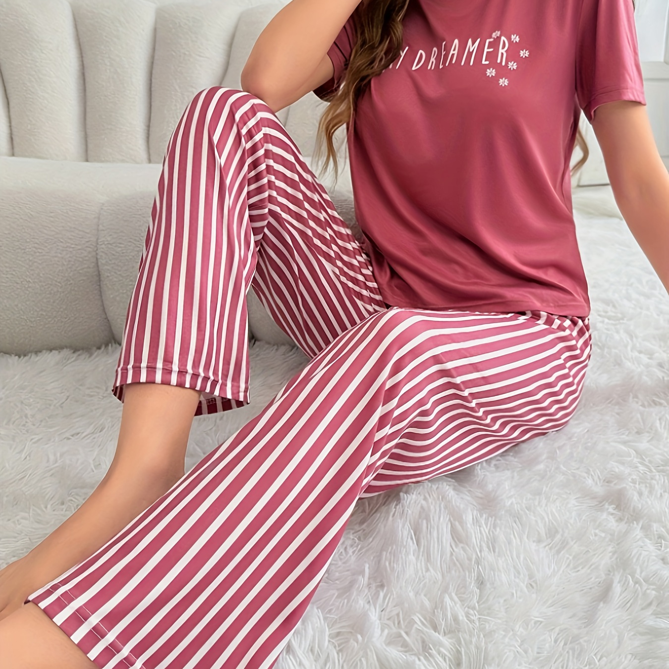 

Women's Letter Print Casual Pajama Set, Short Sleeve Round Neck Top & Striped Pants, Comfortable Relaxed Fit