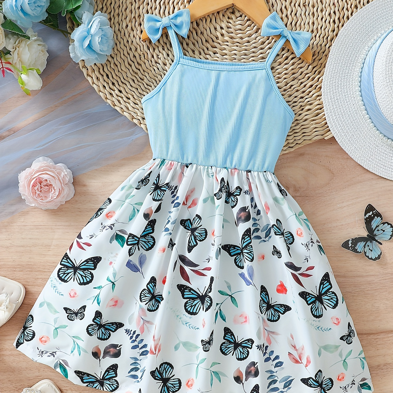 

Girls Bows Sleeveless Butterfly Print A-line Slip Dress For Summer Party