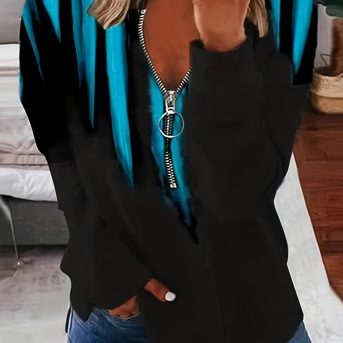 

Color Block Zip Sweatshirt, Casual Long Sleeve V Neck Sweatshirt, Women's Clothing