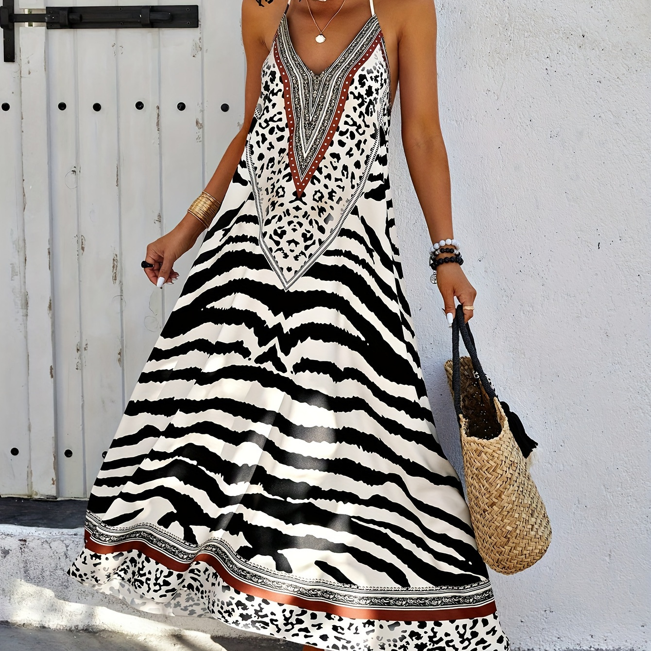 

Zebra Print Backless Halter Neck Dress, Vacation Sleeveless Dress For Spring & Summer, Women's Clothing
