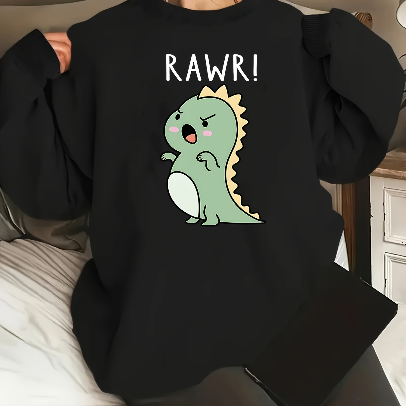 

Cartoon Dinosaur Print Pullover Sweatshirt, Casual Long Sleeve Crew Neck Sweatshirt For Fall & Winter, Women's Clothing