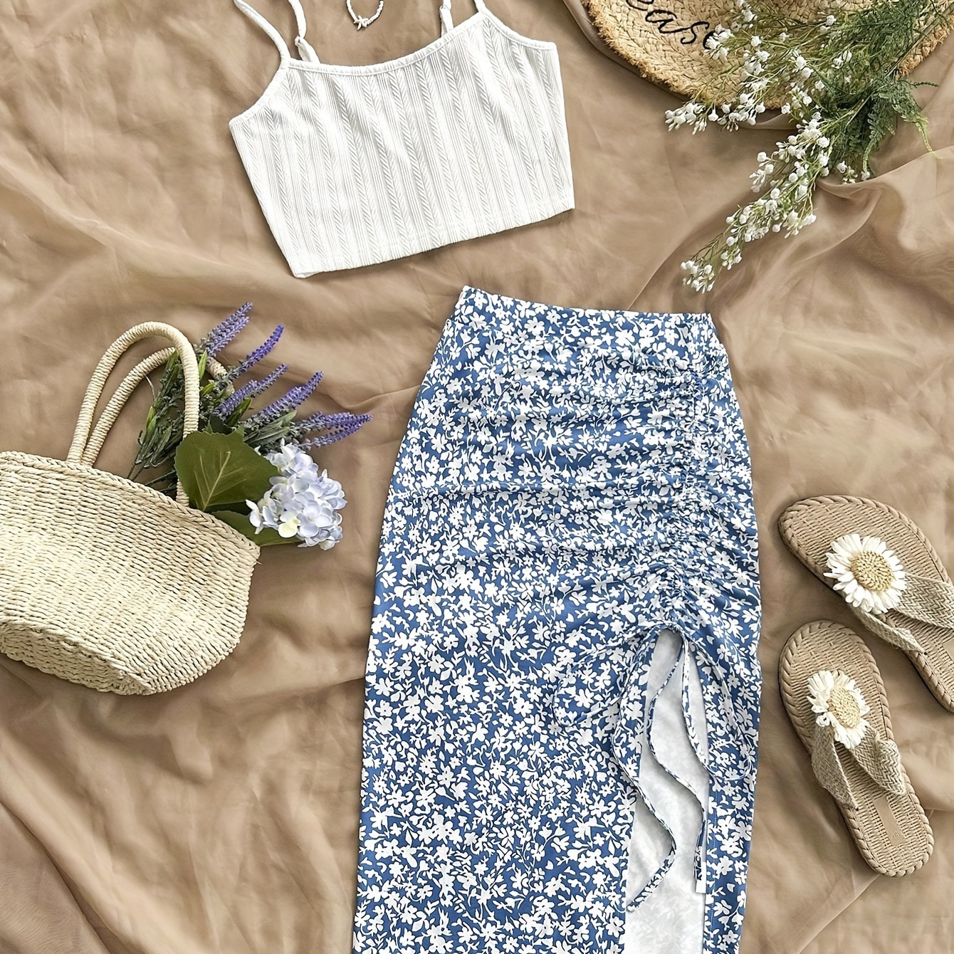 

Elegant Summer Skirt Set, Textured Crew Neck Crop Cami Top & Drawstring Ruched Split Skirt For Spring & Summer, Women's Clothing