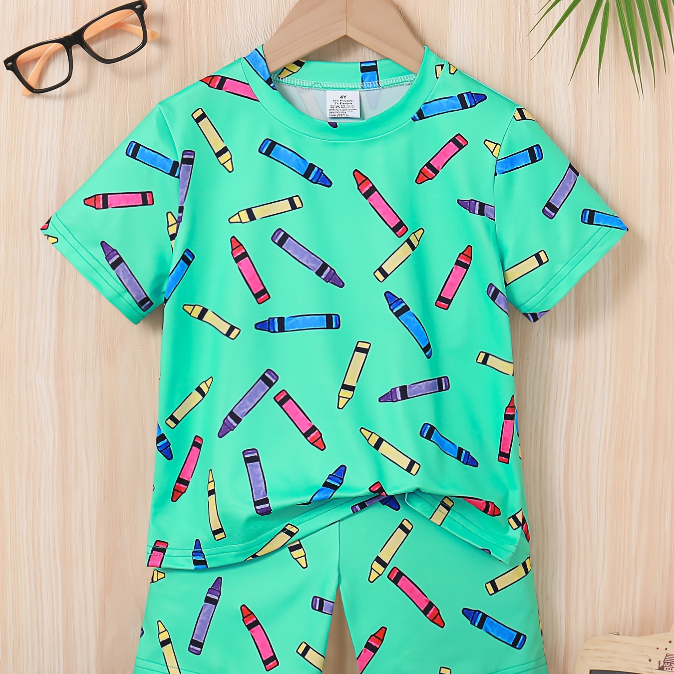 

2pcs, Allover Pencil Graphic Short Sleeve Crew Neck T-shirt + Shorts Set For Boys, Breathable Wear Casual Summer Gift